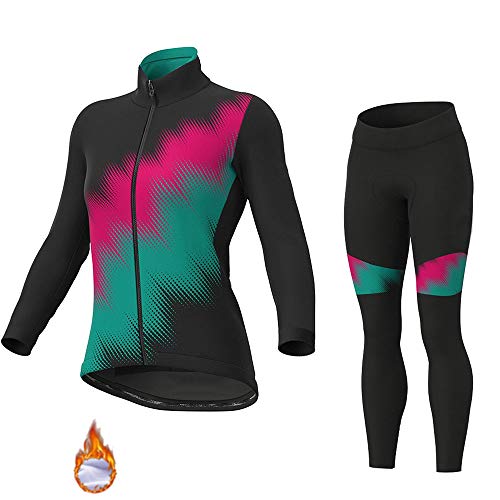 GET Conjunto de Maillot de Ciclismo de Manga Larga para Mujer, Camiseta de Bicicleta de Lana Térmica, Ropa de Medias + Pantalones Acolchados 9D (Color : B, Talla : L)