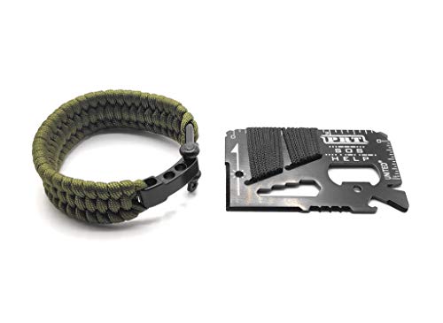 GET-GREEN Kit Aventura >>> Pulsera de Paracord 550 y Tarjeta Multiherramienta. Set de Acampada Camping. Acero y Cuerda de Paracaídas.