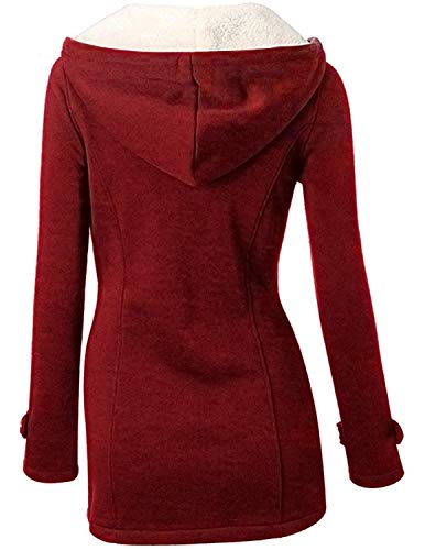 GHYUGR Abrigos con Horn Botones Mujer Invierno Elegantes Slim Chaqueta con Capucha Lana Capa Jacket Sudadera Pullover Outwear Parka,Vino Tinto,XL