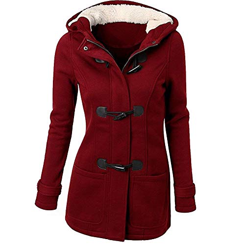 GHYUGR Abrigos con Horn Botones Mujer Invierno Elegantes Slim Chaqueta con Capucha Lana Capa Jacket Sudadera Pullover Outwear Parka,Vino Tinto,XL