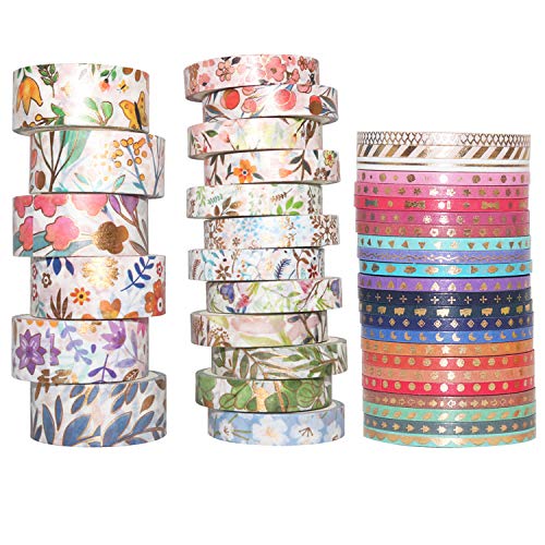 GIHENHAO 42 Rollos Washi Tape Set,cinta adhesiva decorativa Washi Glitter Adhesivo de Cinta Decorativa,Set de cinta Washi floral dorado para DIY Crafts Scrapbooking