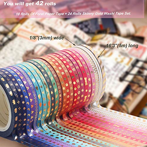 GIHENHAO 42 Rollos Washi Tape Set,cinta adhesiva decorativa Washi Glitter Adhesivo de Cinta Decorativa,Set de cinta Washi floral dorado para DIY Crafts Scrapbooking