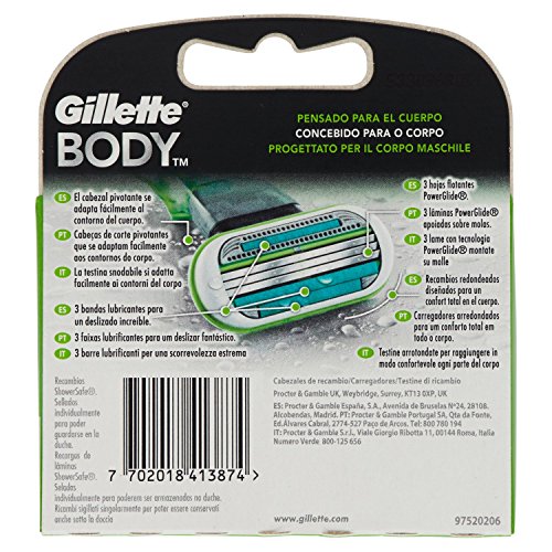 Gillette Body Cuchillas de Afeitar Corporales Hombre, Paquete de 2 Cuchillas de Recambio
