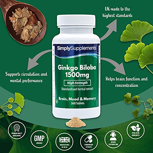 Ginkgo Biloba 1500mg - ¡Bote para 6 meses! - Apto para veganos - 360 Comprimidos - SimplySupplements