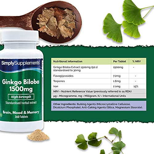 Ginkgo Biloba 1500mg - ¡Bote para 6 meses! - Apto para veganos - 360 Comprimidos - SimplySupplements