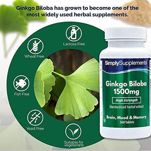 Ginkgo Biloba 1500mg - ¡Bote para 6 meses! - Apto para veganos - 360 Comprimidos - SimplySupplements