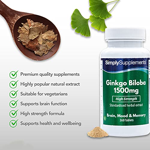 Ginkgo Biloba 1500mg - ¡Bote para 6 meses! - Apto para veganos - 360 Comprimidos - SimplySupplements