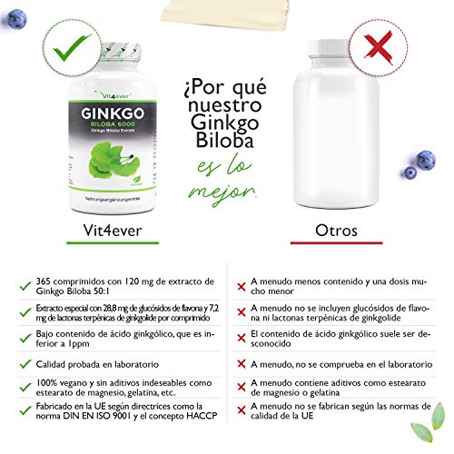 Ginkgo Biloba 6000 mg - 365 Comprimidos - Premium: Con glicósidos flavonoides + ginkgolide terpene lactones y ácido ginkgólico libre - Sin aditivos no deseados - Altamente dosificado - Vegano