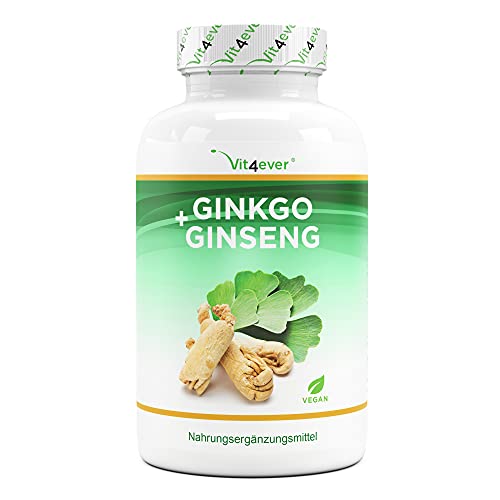 Ginkgo + Ginseng - 365 Comprimidos - Extracto especial - Alta dosis - Ginkgo Biloba + Ginseng coreano - Calidad Premium - Vegano