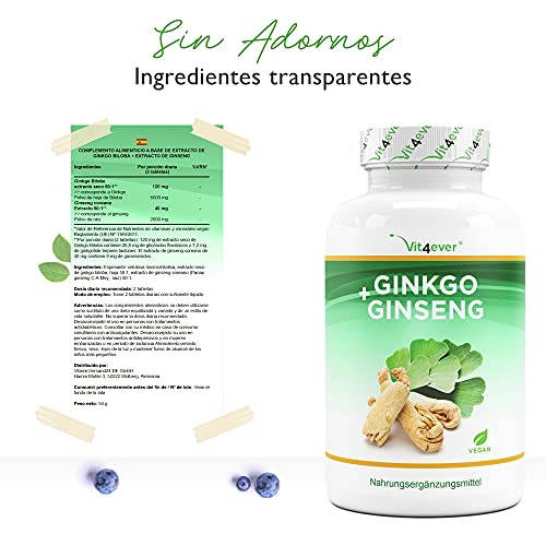 Ginkgo + Ginseng - 365 Comprimidos - Extracto especial - Alta dosis - Ginkgo Biloba + Ginseng coreano - Calidad Premium - Vegano