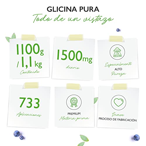 Glicina pura - 1100 g (1,1 kg) de polvo puro sin aditivos - Con cuchara dosificadora - 100% aminoácido glicina - Vegano