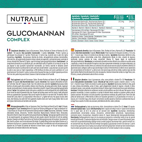 Glucomanano Potente Acción Reductora | con Bitartrato de Colina, Picolinato de Cromo y Vitaminas B3 y D3 | 120 Cápsulas Vegetales | NUTRALIE