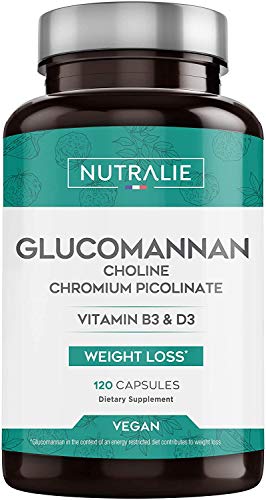 Glucomanano Potente Acción Reductora | con Bitartrato de Colina, Picolinato de Cromo y Vitaminas B3 y D3 | 120 Cápsulas Vegetales | NUTRALIE