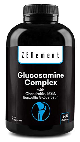 Glucosamina Complex con Condroitina, MSM, Boswellia y Quercetina, 365 Cápsulas | Para el dolor en las articulaciones | No-GMO, GMP, sin aditivos, sin Gluten | de Zenement