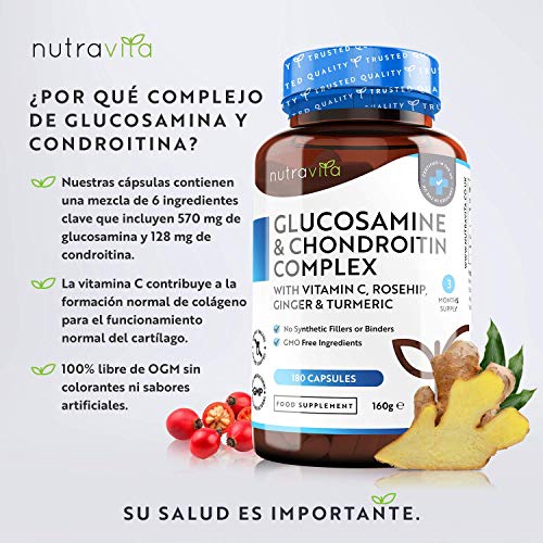 Glucosamina Complex con Condroitina + Vitamina C & Cúrcuma | 180 Cápsulas | Alta Dosis | Mantenimiento de Huesos Normales | Contribuye al Mantenimiento del Sistema Inmunitario | Hecho Por Nutravita