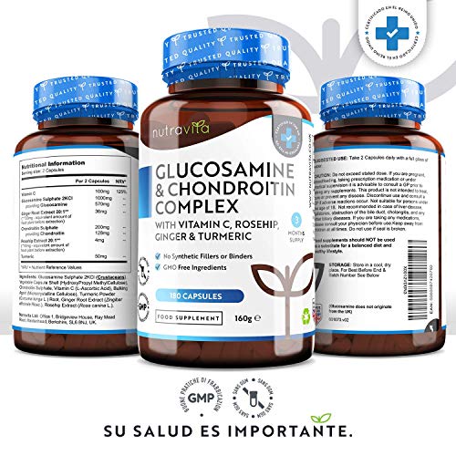 Glucosamina Complex con Condroitina + Vitamina C & Cúrcuma | 180 Cápsulas | Alta Dosis | Mantenimiento de Huesos Normales | Contribuye al Mantenimiento del Sistema Inmunitario | Hecho Por Nutravita