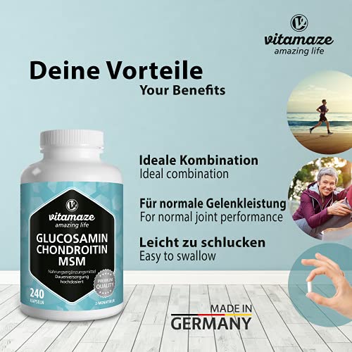 Glucosamina, Condroitina, MSM + Vitamina C Complejo VITAL alta Dosis, 240 Cápsulas durante 2 Meses, Suplemento Alimenticio Natural sin Aditivos Innecesarios