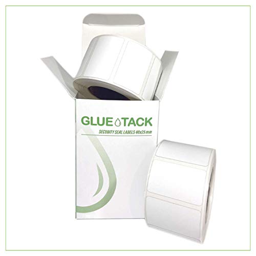 Gluetack -1000 Etiquetas Adhesivas Blancas de Seguridad (40 x 25 mm) | 1 Rollo x 1000 Pegatinas Ultradestructibles para Impresora de Transferencia Térmica con Adhesivo Extrapermanente