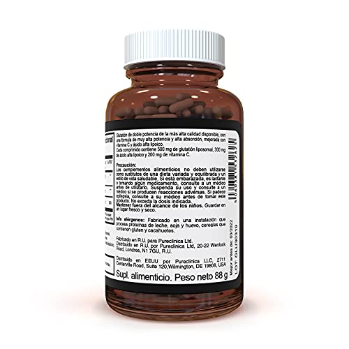 Glutationa de Doble Potencia 1000mg x 120 Comprimidos (60 comprimidos por frasco, 2 frascos). Con 500mg de Glutationa, 300mg de ALA, y 200mg de Vitamina C por comprimido. 200% más potente que los comprimidos de glutationa normales. SKU: GLU3x2