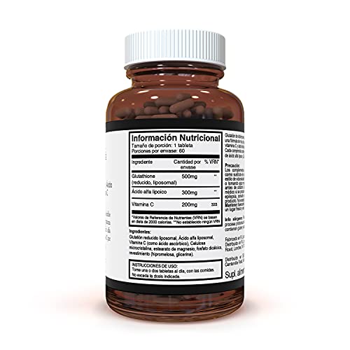 Glutationa de Doble Potencia 1000mg x 120 Comprimidos (60 comprimidos por frasco, 2 frascos). Con 500mg de Glutationa, 300mg de ALA, y 200mg de Vitamina C por comprimido. 200% más potente que los comprimidos de glutationa normales. SKU: GLU3x2