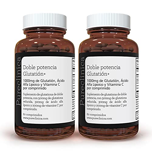 Glutationa de Doble Potencia 1000mg x 120 Comprimidos (60 comprimidos por frasco, 2 frascos). Con 500mg de Glutationa, 300mg de ALA, y 200mg de Vitamina C por comprimido. 200% más potente que los comprimidos de glutationa normales. SKU: GLU3x2