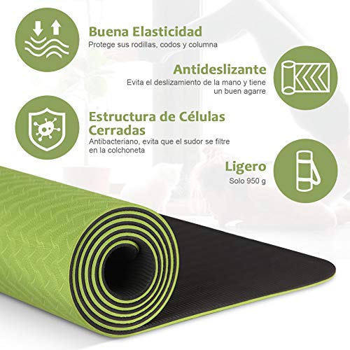 Glymnis Esterilla Yoga Antideslizante Colchoneta Yoga Mat Esterilla Deporte de Material Ecológico TPE Esterilla Pilates con Correa 183mm x 61mm x 6mm Verde