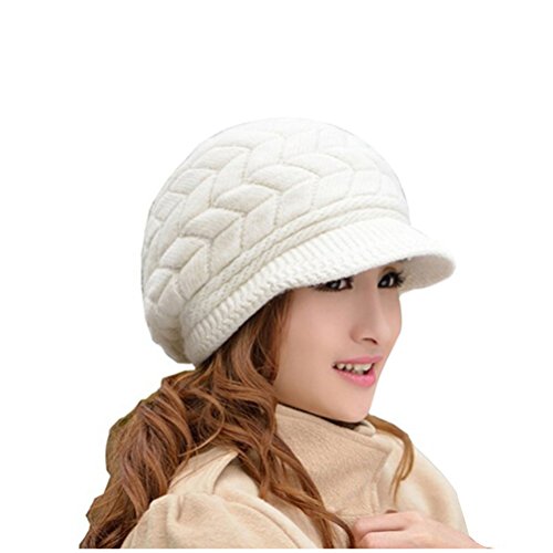 Gorro de invierno de Leorx de lana, para mujer, con visera, color blanco, tamaño M