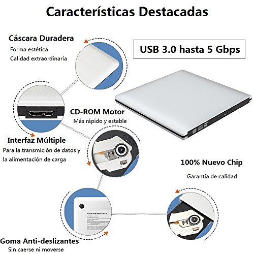 Grabadora Lector CD/DVD USB 3,0 Ultra Slim Portátil Unidad Externa Burner Lector Óptico CD/DVD/-RW/-RW SuperDrive para MacBook/MacBook Air/MacBook Pro/iMac/Windows/Mac OSX (Plata)