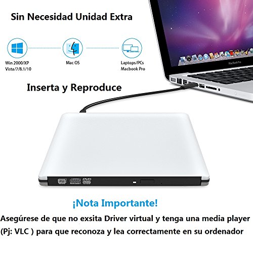 Grabadora Lector CD/DVD USB 3,0 Ultra Slim Portátil Unidad Externa Burner Lector Óptico CD/DVD/-RW/-RW SuperDrive para MacBook/MacBook Air/MacBook Pro/iMac/Windows/Mac OSX (Plata)