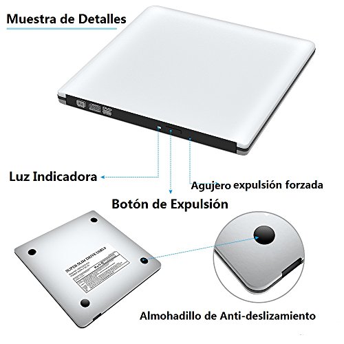 Grabadora Lector CD/DVD USB 3,0 Ultra Slim Portátil Unidad Externa Burner Lector Óptico CD/DVD/-RW/-RW SuperDrive para MacBook/MacBook Air/MacBook Pro/iMac/Windows/Mac OSX (Plata)