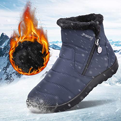 gracosy Botas de Mujer 2021 Otoño Invierno Goma Encaje Forro de Piel Punta Redonda Botas de Nieve Zapatos de Trabajo Formal Calzado Antideslizante Ligero Botines Que Caminan Azul 40