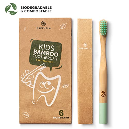 Greenzla Cepillos de dientes de bambú para niños (Kit de 6) | Cepillos de Dientes de Carbón de Cerdas Suaves | Set de cepillos de dientes para niños de bambú natural, biodegradables y orgánicos