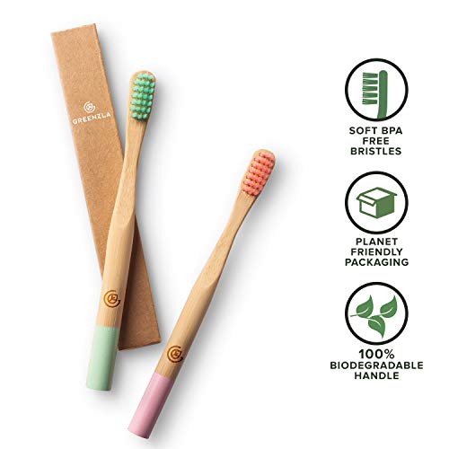 Greenzla Cepillos de dientes de bambú para niños (Kit de 6) | Cepillos de Dientes de Carbón de Cerdas Suaves | Set de cepillos de dientes para niños de bambú natural, biodegradables y orgánicos