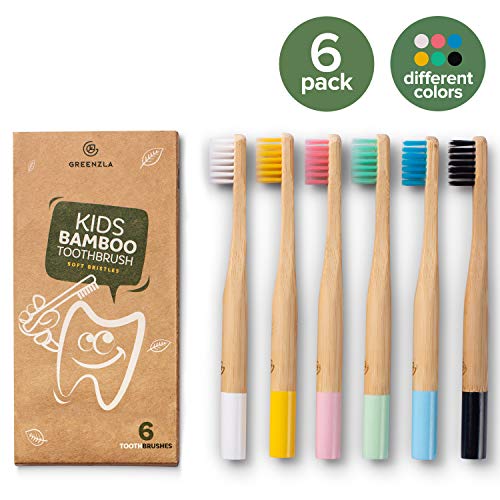 Greenzla Cepillos de dientes de bambú para niños (Kit de 6) | Cepillos de Dientes de Carbón de Cerdas Suaves | Set de cepillos de dientes para niños de bambú natural, biodegradables y orgánicos