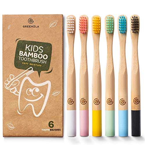 Greenzla Cepillos de dientes de bambú para niños (Kit de 6) | Cepillos de Dientes de Carbón de Cerdas Suaves | Set de cepillos de dientes para niños de bambú natural, biodegradables y orgánicos