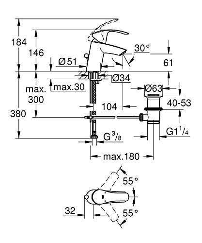 Grohe Eurosmart - Grifo de lavabo con vaciador automático, caño estándar, tecnología Grohe SilkMove, tecnología Grohe EcoJoy (Ref. 33265002)