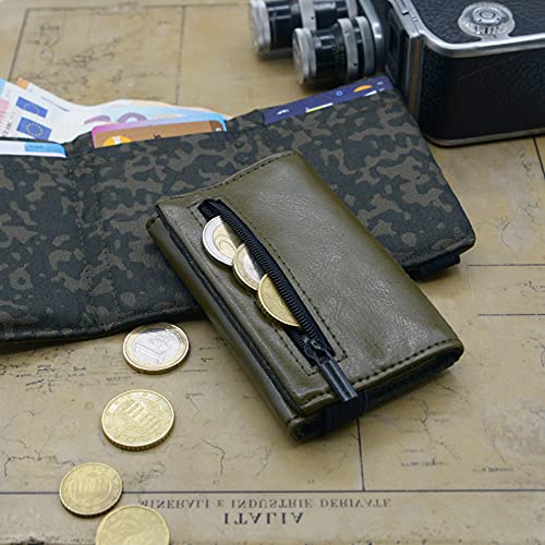 GUGGIARI® Tarjetero para Tarjetas de Crédito - Mini Cartera Hombre con Monedero - Billetera Slim de Cuero PU y Microfibra con RFID y Cierre Elástico (Green)