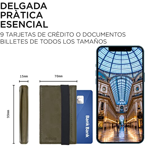 GUGGIARI® Tarjetero para Tarjetas de Crédito - Mini Cartera Hombre con Monedero - Billetera Slim de Cuero PU y Microfibra con RFID y Cierre Elástico (Green)