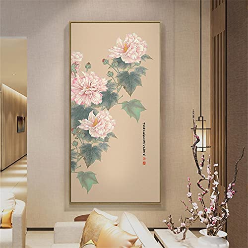 GYJDD Cuadros decoracionArte de Pared Poster Retro Cuadros peonía Flor Planta Estilo Chino Lienzo Pintura impresión Oficina Salon de Estar Decoracion del hogar60x80cm x1 Sin Marco