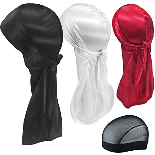 Hairizone 3 piezas de Durag Suave Sedoso Gorra para hombres Mujeres con capucha 1 Wave (negro, blanco, rojo vino)