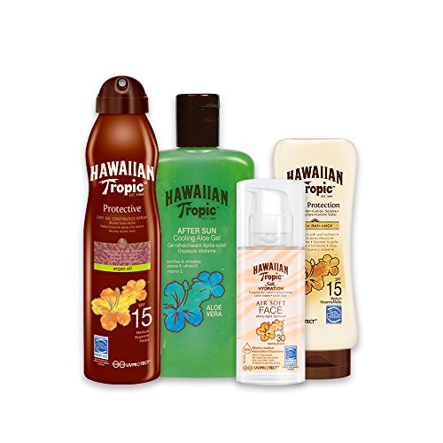 Hawaiian Tropic PACK Piel Morena - Kit con Aceite Seco Bruma SPF 15 + Crema Satin Ultra Radiance SPF 15 + Crema Solar Silk Hydration SPF 30 + Gel Aloe Vera Aftersun