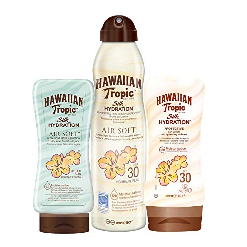 Hawaiian Tropic PACK Silk Hydration AfterSun - Kit de Protección Solar, Incluye Loción Corporal Protectora SPF 30 + Spray Bruma Corporal SPF 30 + Crema After Sun SPF 30