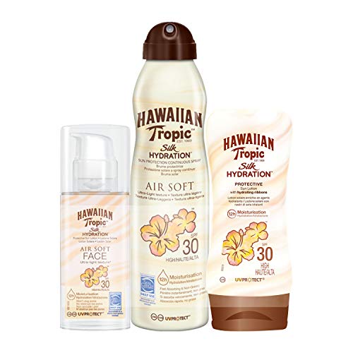 Hawaiian Tropic Silk Hydration - Loción Protective SPF 30 + Spray Bruma Air Soft SPF 30 + Loción Air Soft Face SPF 30 - Pack 3 unidades