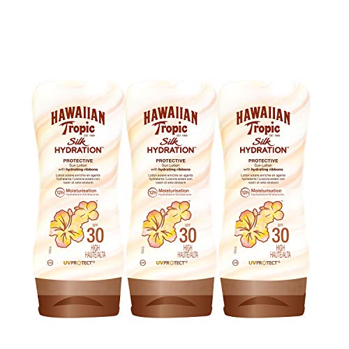 Hawaiian Tropic Silk Hydration Protective - Pack 3 Loción Solar Protectora SPF 30 con cintas de seda hidratantes y resistente al agua, formato 180 ml.