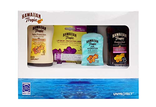 HAWAIIAN Tropic Travel Kit - Set de Viaje para Protección Solar - Aceite Bronceador Spf 15 + Loción Protectora Spf 30 - 100 Mililitros + Aftersun Hidratante Airsoft 60 Mililitros + Lip Balm Spf 30)