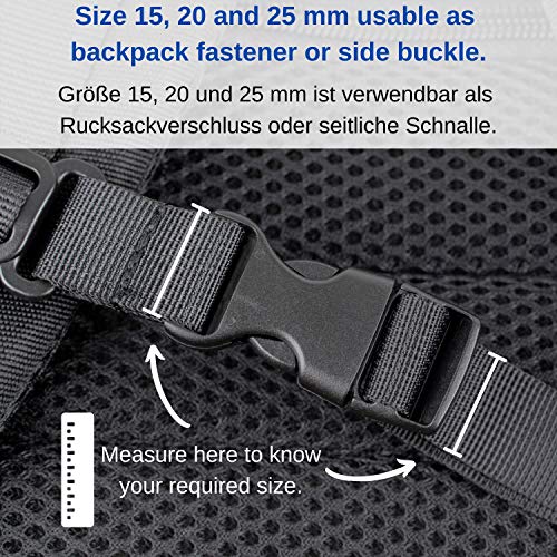 Hebilla de Liberación Lateral Doble, 15, 20, 25, 32, 38, 50 mm para la selección, 2 x, Hebilla de Mochila, Hebilla para Cinturón, Hebillas de Plástico para Collar de Perro, Bricolaje, Accesorios