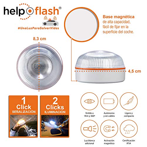 HELP FLASH x 2- luz emergencia AUTÓNOMA, señal v16 preseñalización peligro+linterna, homologada, DGT, base imantada, activación AUTOMÁTICA, y RASCADOR de hielo parabrisas rasqueta y cepillo