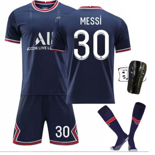 helti Messi 30 Camiseta de fútbol para niños adultos con sus pantalones cortos y calcetines, como regalo un protector Tibia, camiseta del PSG Messi para niño, Fans Club Messi Paris Saint Germain