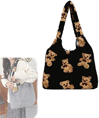 Heyaokun Bolso de Mensajero de Felpa mullida, Bolso de Hombro de Felpa para Mujer, Bolso de Compras de Gran Capacidad, Bolso de Mano Lindo para niña (Black)