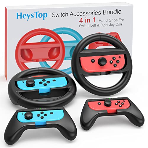 HEYSTOP Volantes y Grip para Switch / Switch OLED, Switch Grip Racing Wheel Volante, Mandos Grip para Mario Kart Juegos/Mandos Switch Deluxe 4 Piezas, Negro